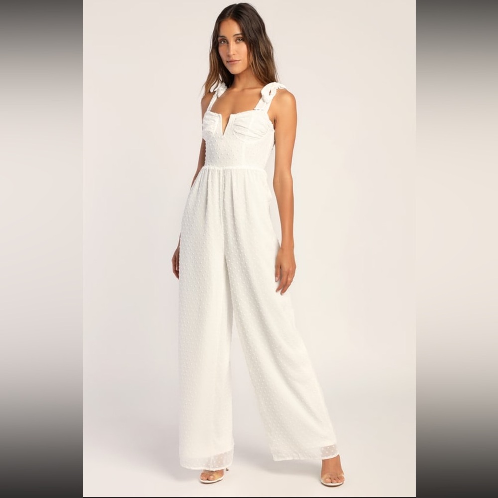 You're Still The One Ivory Swiss Dot Tie-Strap Jumpsuit NWT